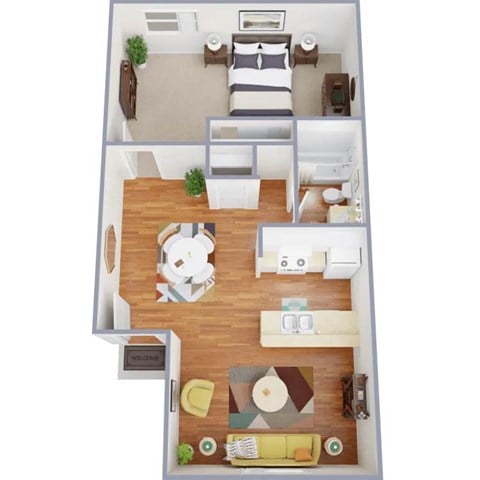 Floor plan for 1 bed, 1 bath, 609 sqft